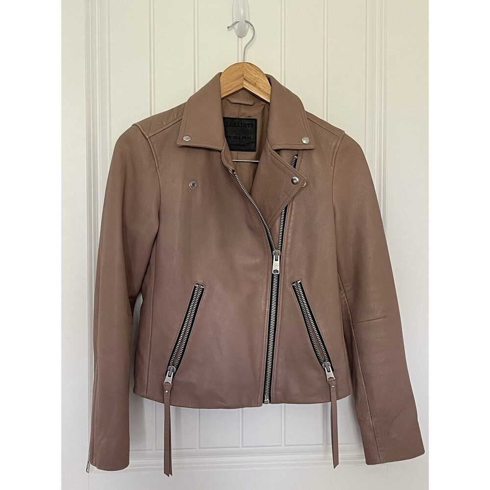 AllSaints Dalby Lamb Leather Biker Jacket Size US 4 UK8 $529 Moonlight Pink Rare